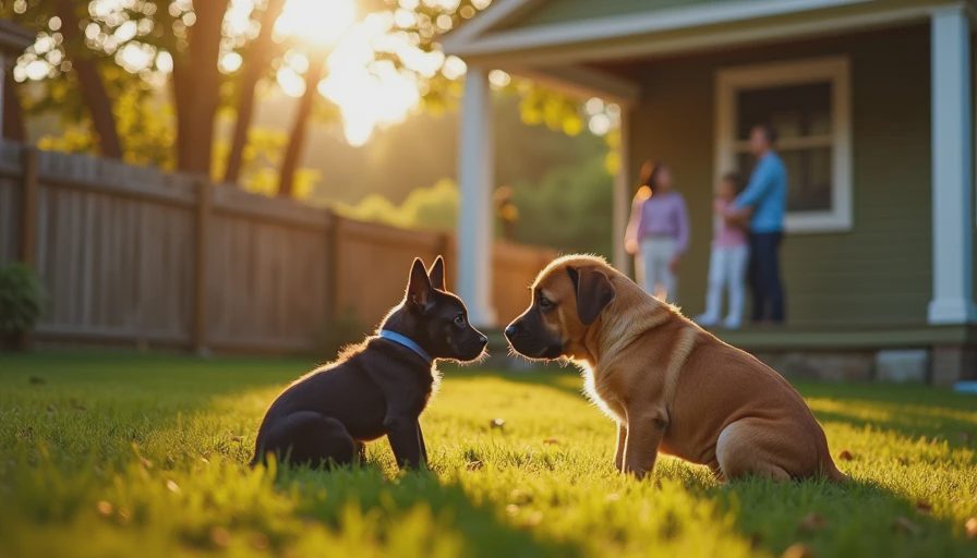Illustration for introducing new puppy to older dog