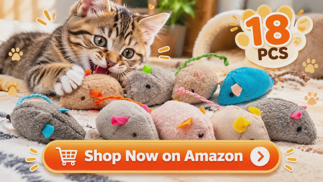 Tabby kitten playing with a pile of Fashion's Talk 18-pack plush catnip mice in nine colors on a cozy rug
